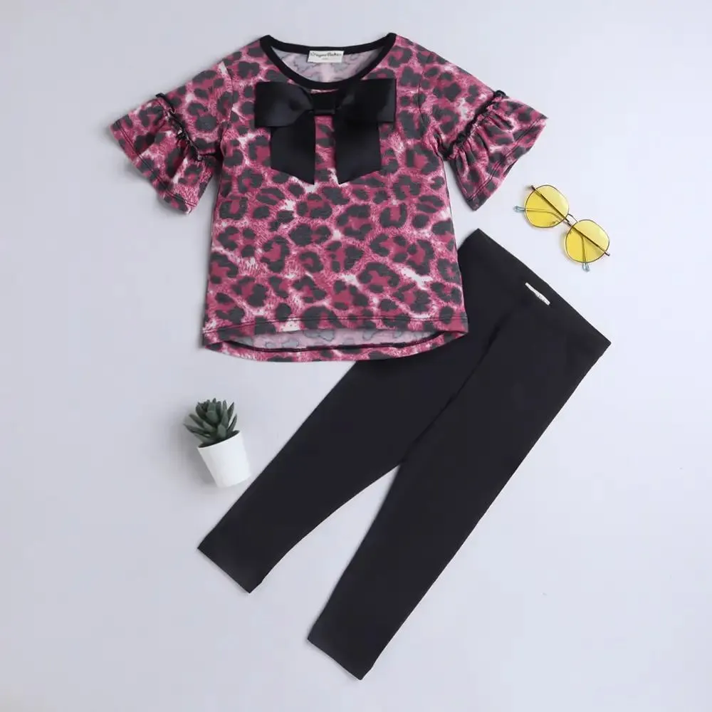 Animal Print Sleeves Frill Top Leggings Set