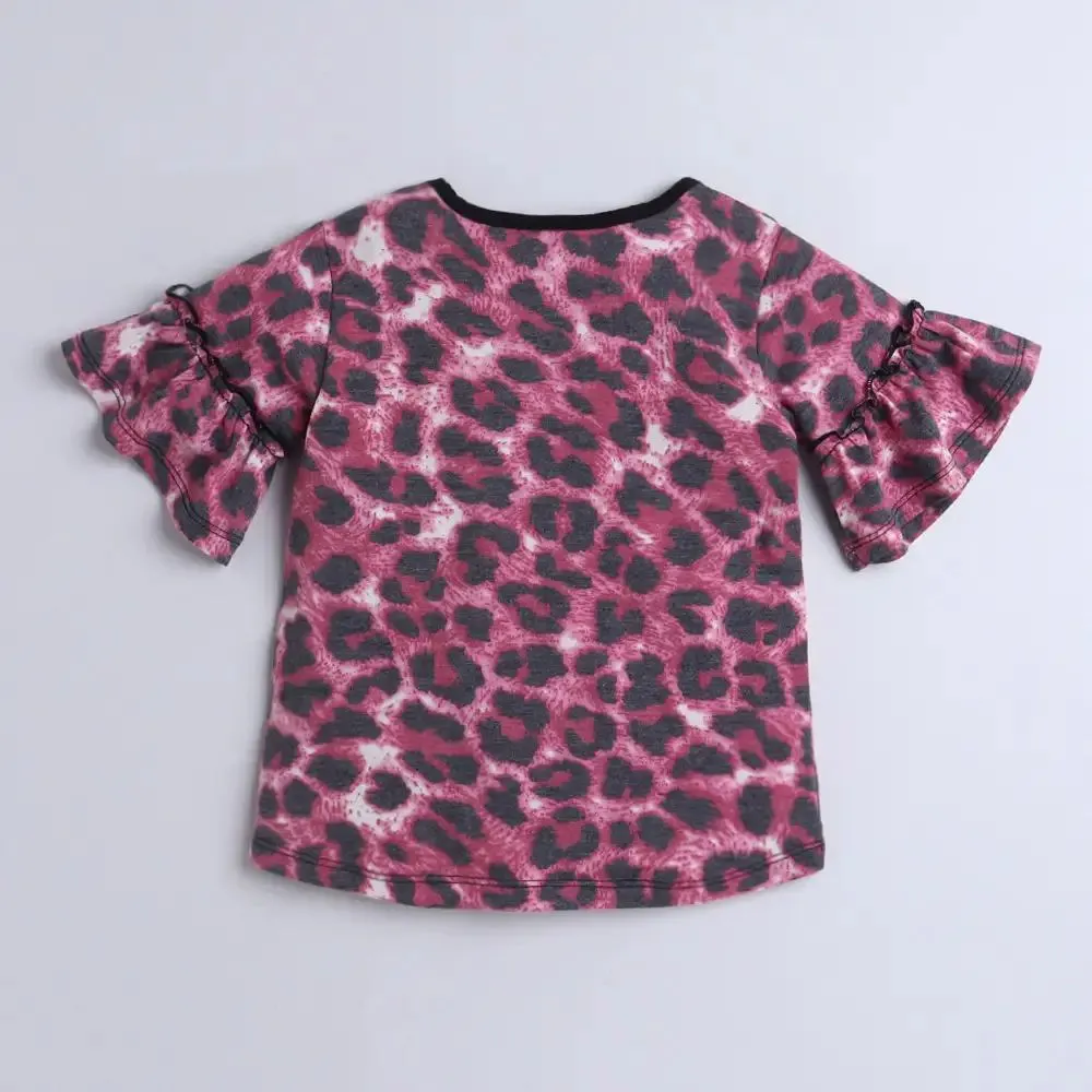 Animal Print Sleeves Frill Top Leggings Set
