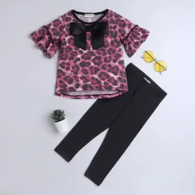 Animal Print Sleeves Frill Top Leggings Set