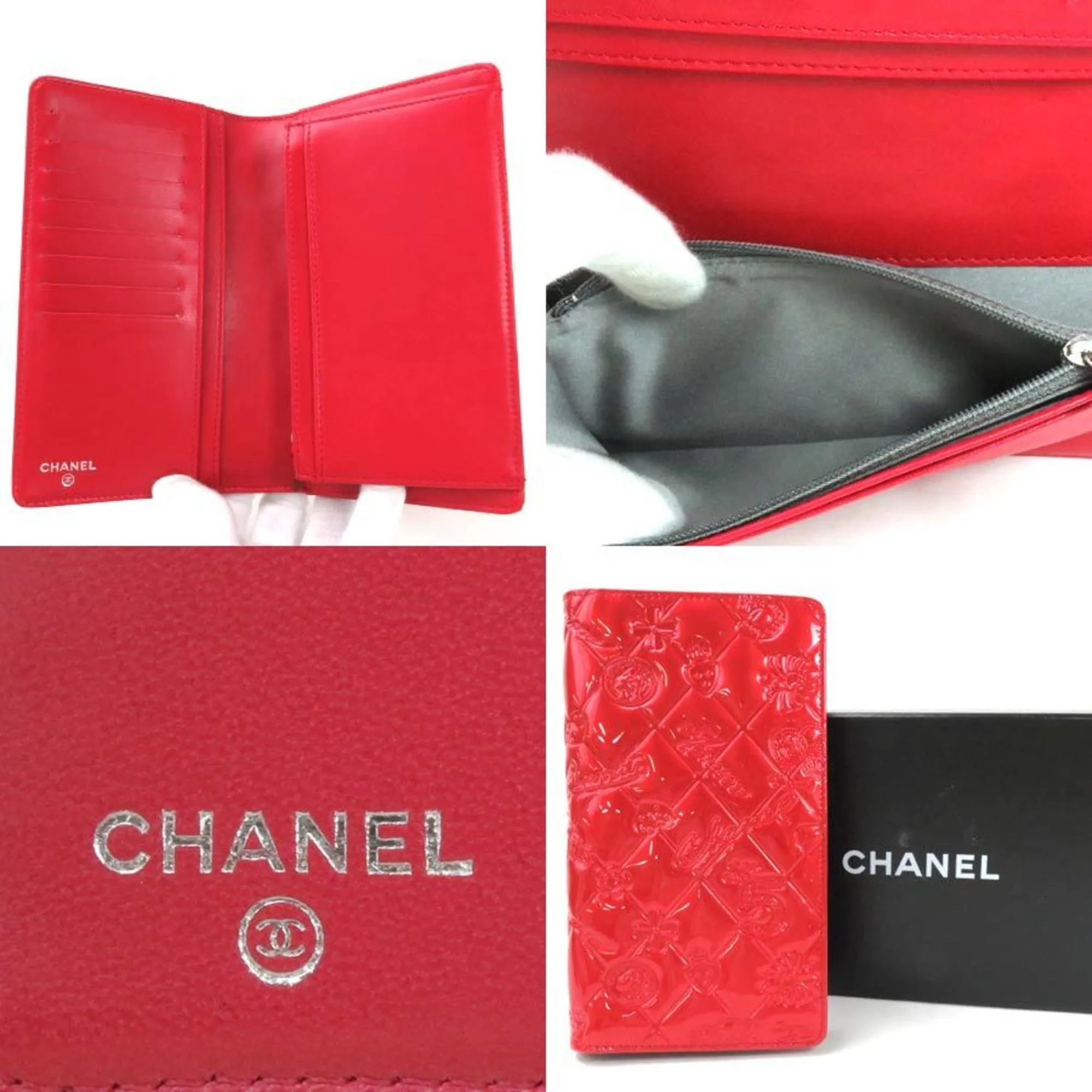 Chanel Bi-Fold Wallet Icon Red Embossed Patent Leather CHANEL Ladies