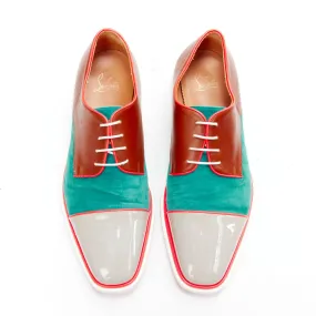 CHRISTIAN LOUBOUTIN green suede neon piping brown brogues EU42.5