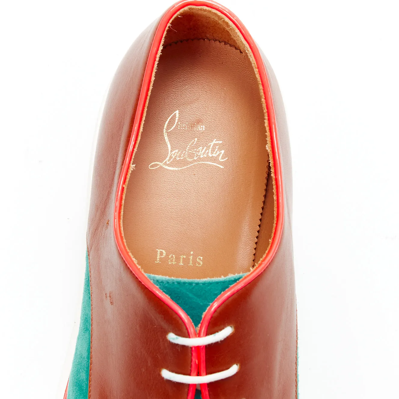 CHRISTIAN LOUBOUTIN green suede neon piping brown brogues EU42.5