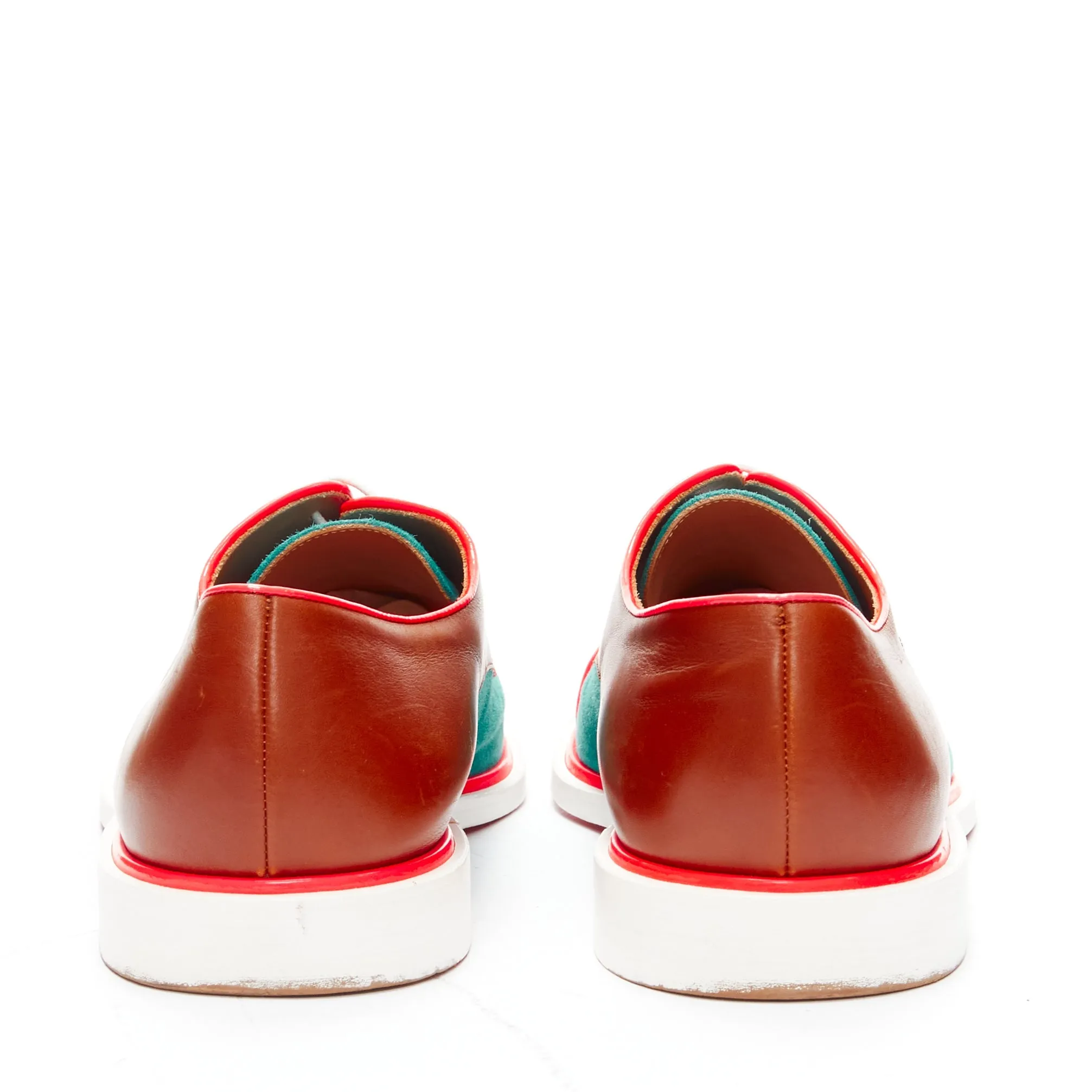 CHRISTIAN LOUBOUTIN green suede neon piping brown brogues EU42.5