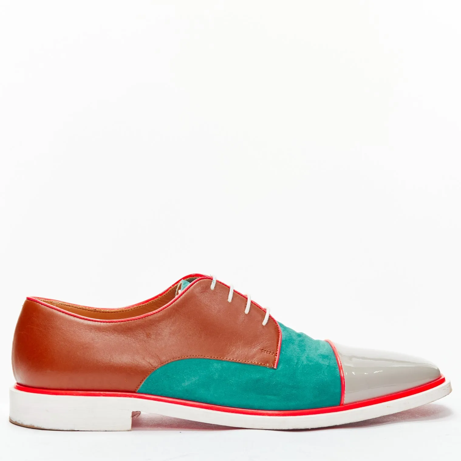 CHRISTIAN LOUBOUTIN green suede neon piping brown brogues EU42.5