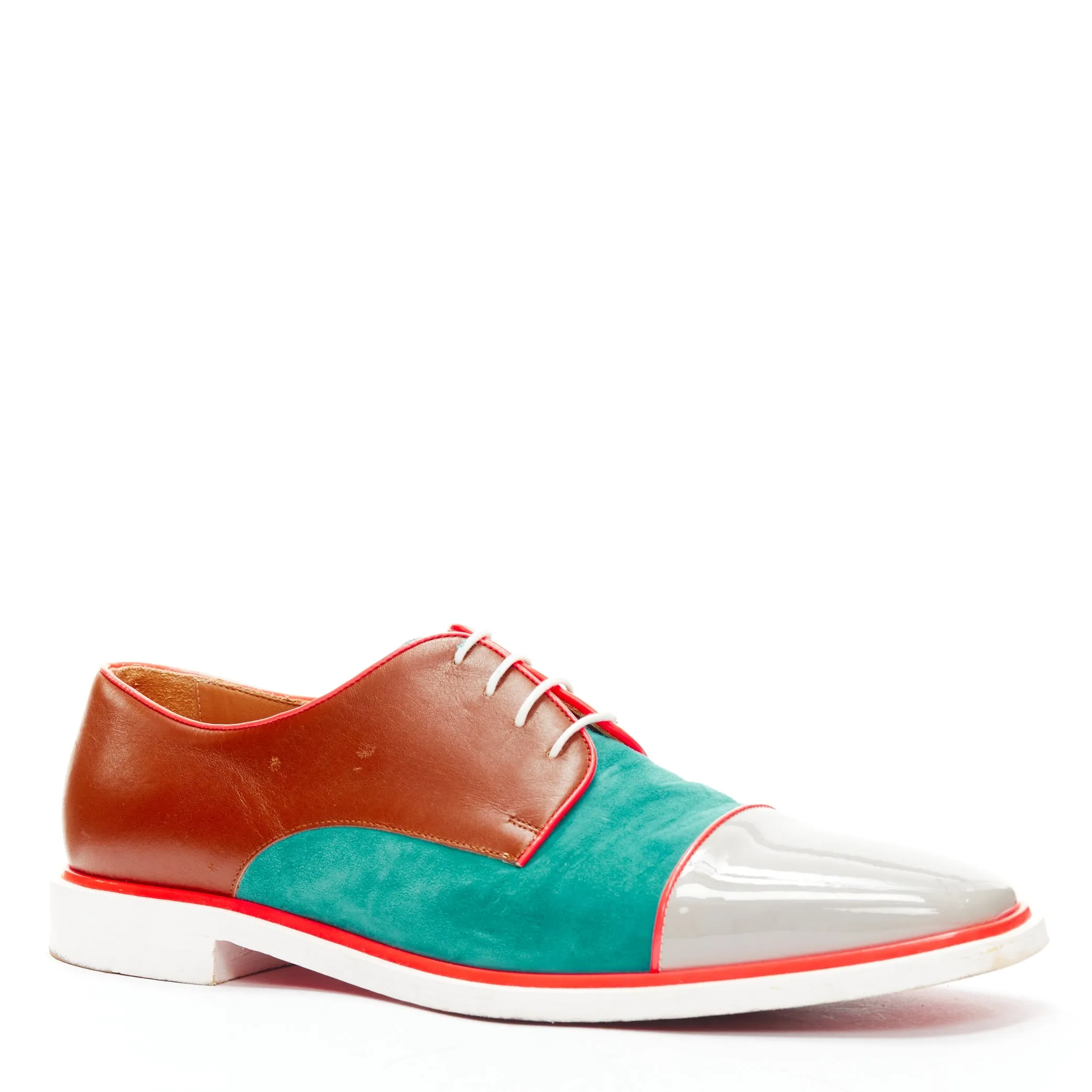 CHRISTIAN LOUBOUTIN green suede neon piping brown brogues EU42.5