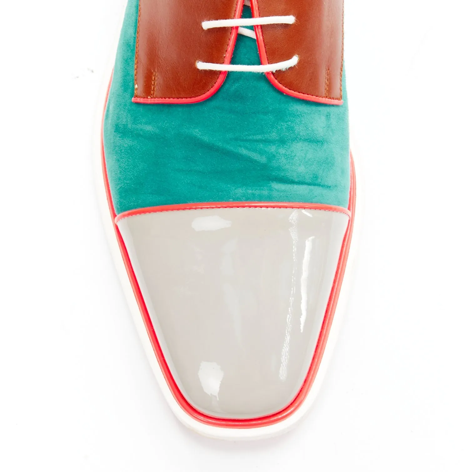 CHRISTIAN LOUBOUTIN green suede neon piping brown brogues EU42.5