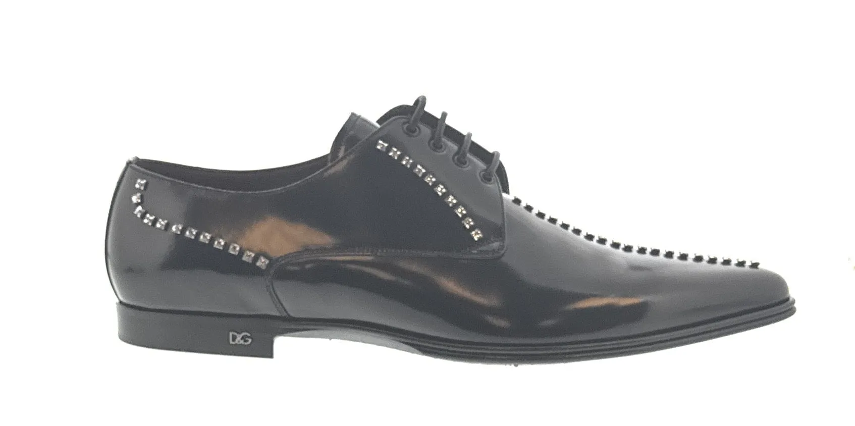 Dolce & Gabbana Men's Black Studded Patent Leather Lace-Up Oxford Shoes-EU42.5