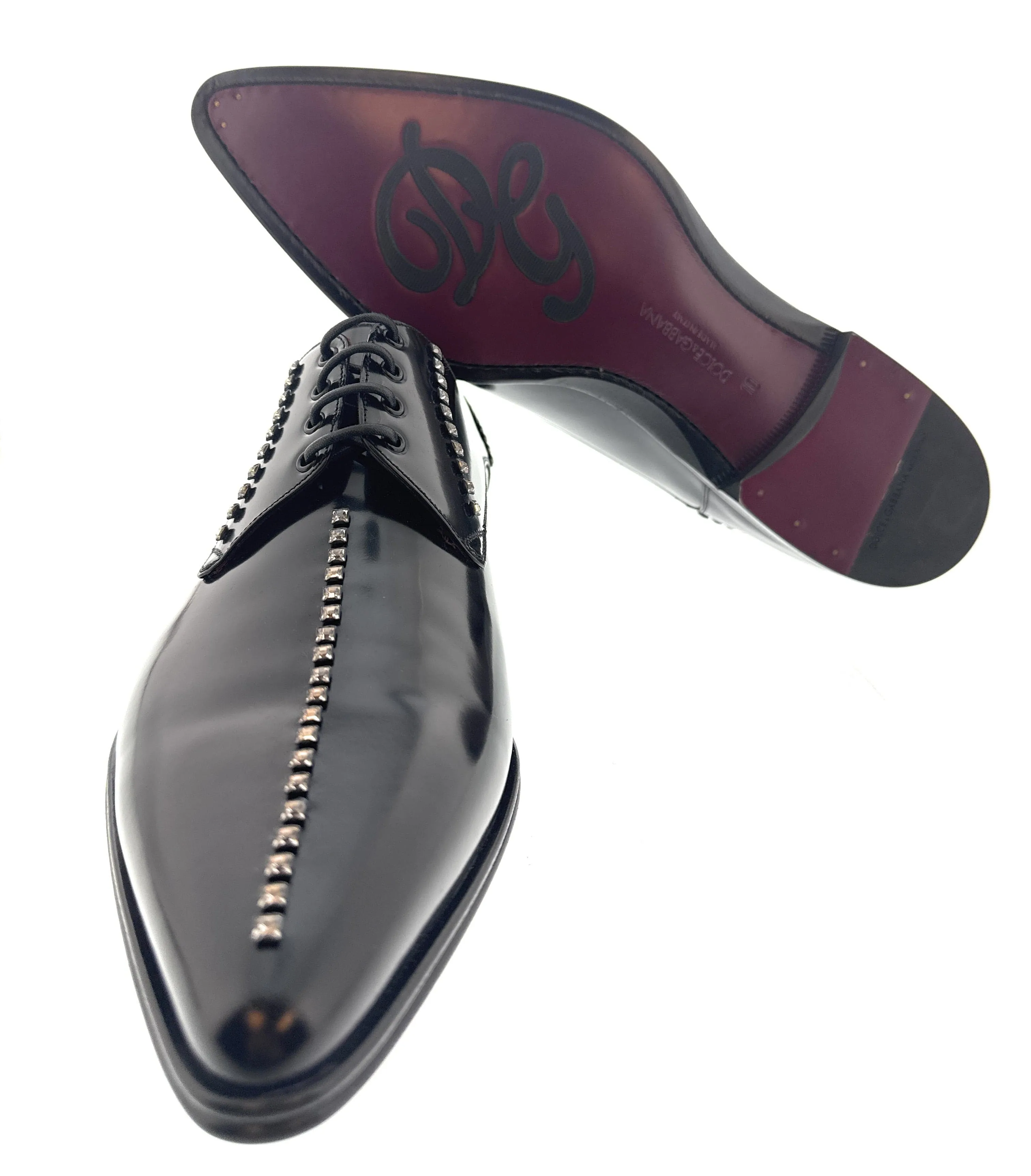 Dolce & Gabbana Men's Black Studded Patent Leather Lace-Up Oxford Shoes-EU42.5