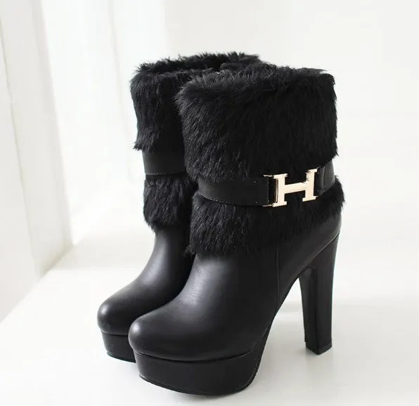 Fur Winter Warm Women's High Heels Boots
