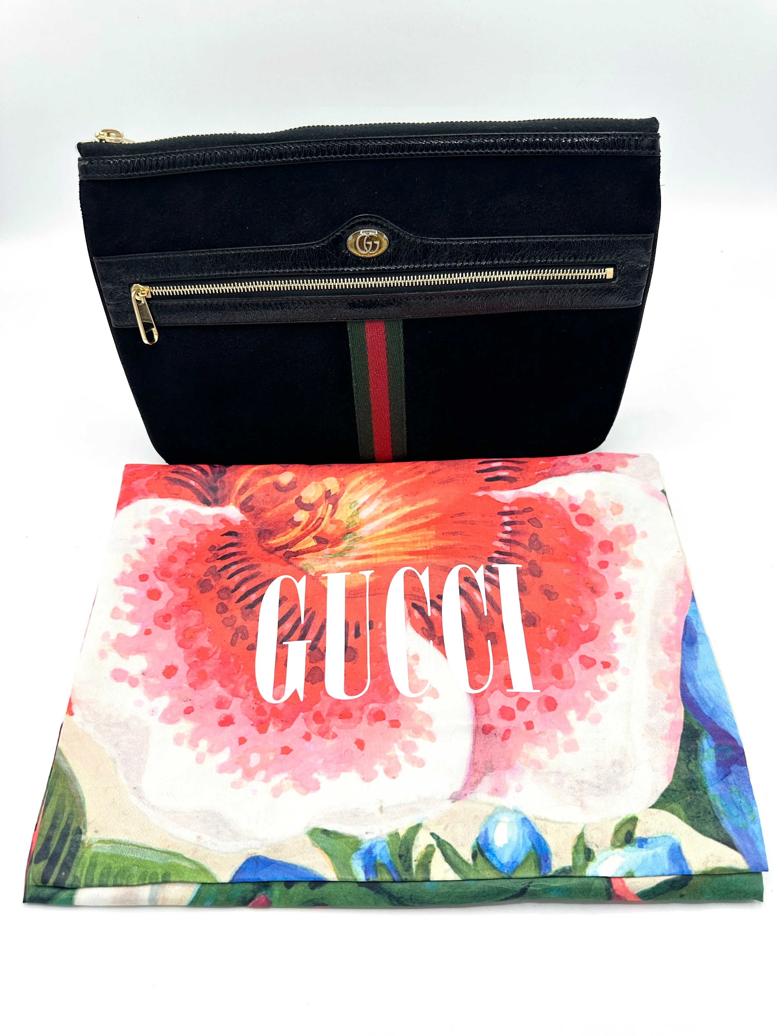 GG Black Web Suede Clutch