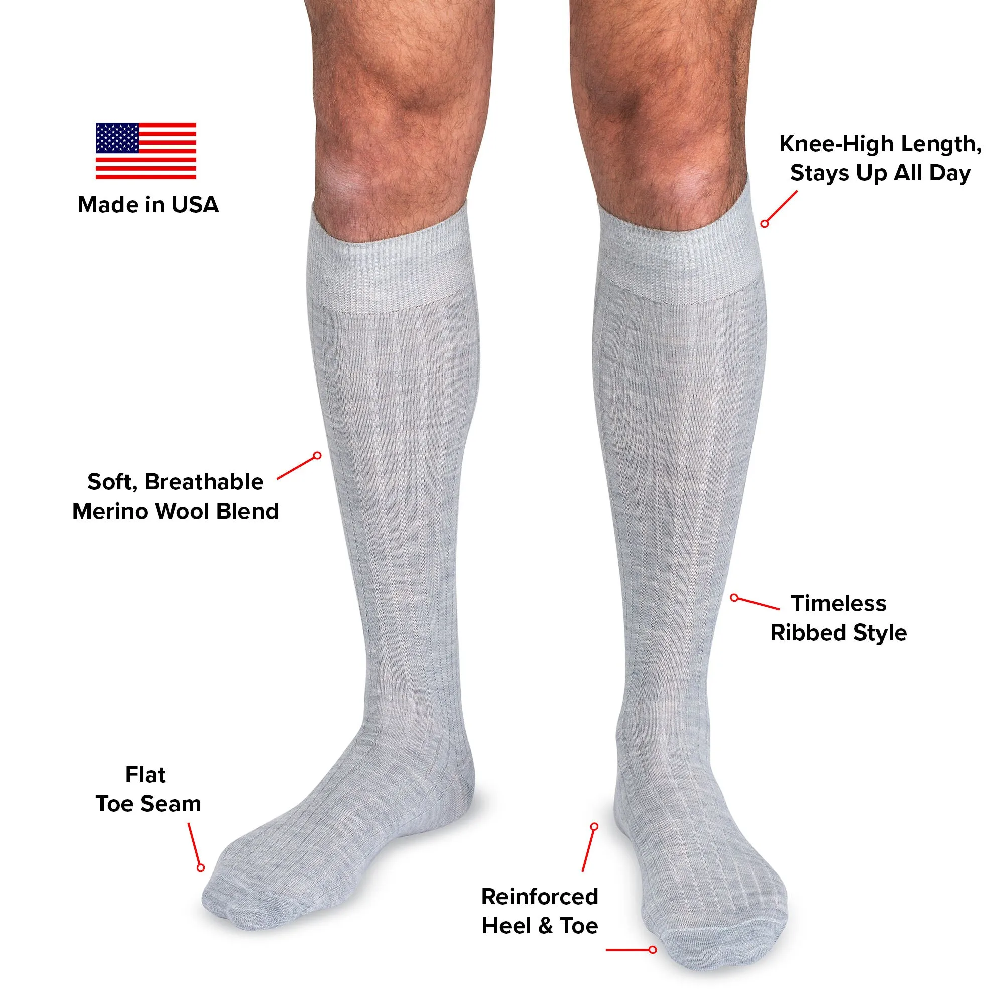 Light Grey Heather Merino Wool Over the Calf Dress Socks
