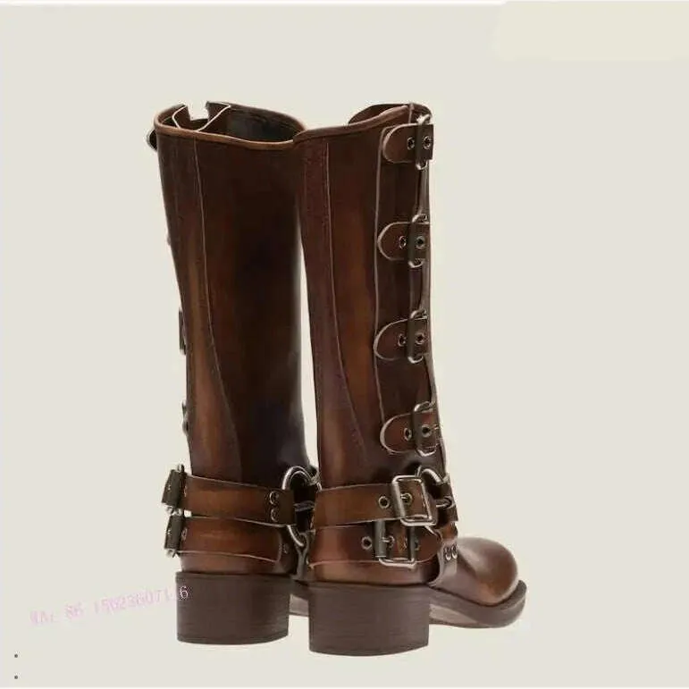 New Fashion Boots Genuine Leather Metal Rivet Knight Boots Versatile High Boots Western Cowboy Boots for Women