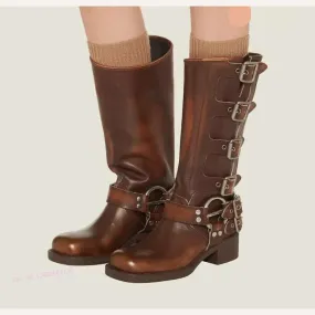 New Fashion Boots Genuine Leather Metal Rivet Knight Boots Versatile High Boots Western Cowboy Boots for Women