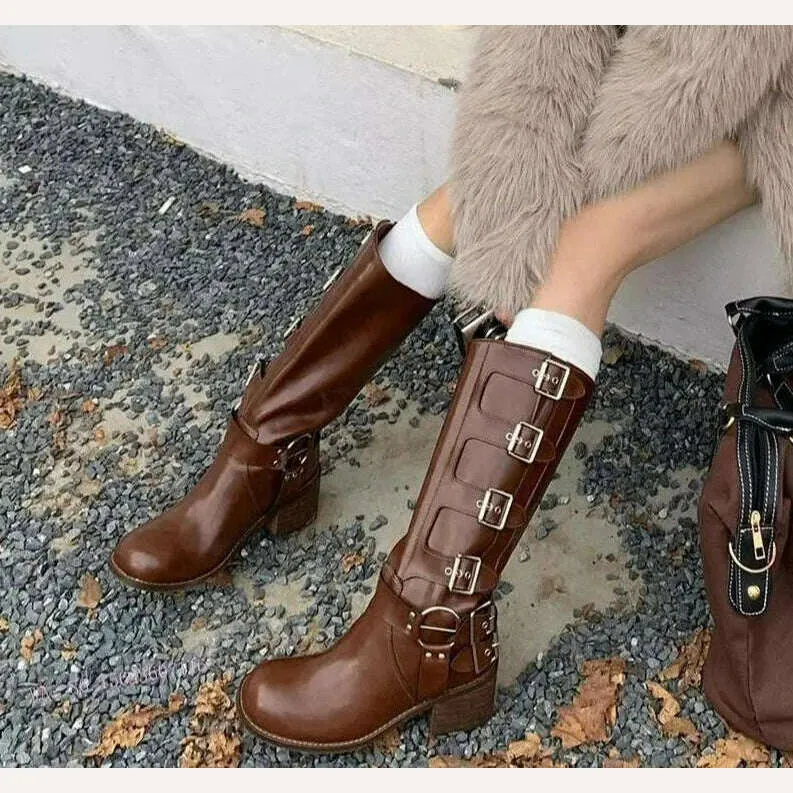 New Fashion Boots Genuine Leather Metal Rivet Knight Boots Versatile High Boots Western Cowboy Boots for Women