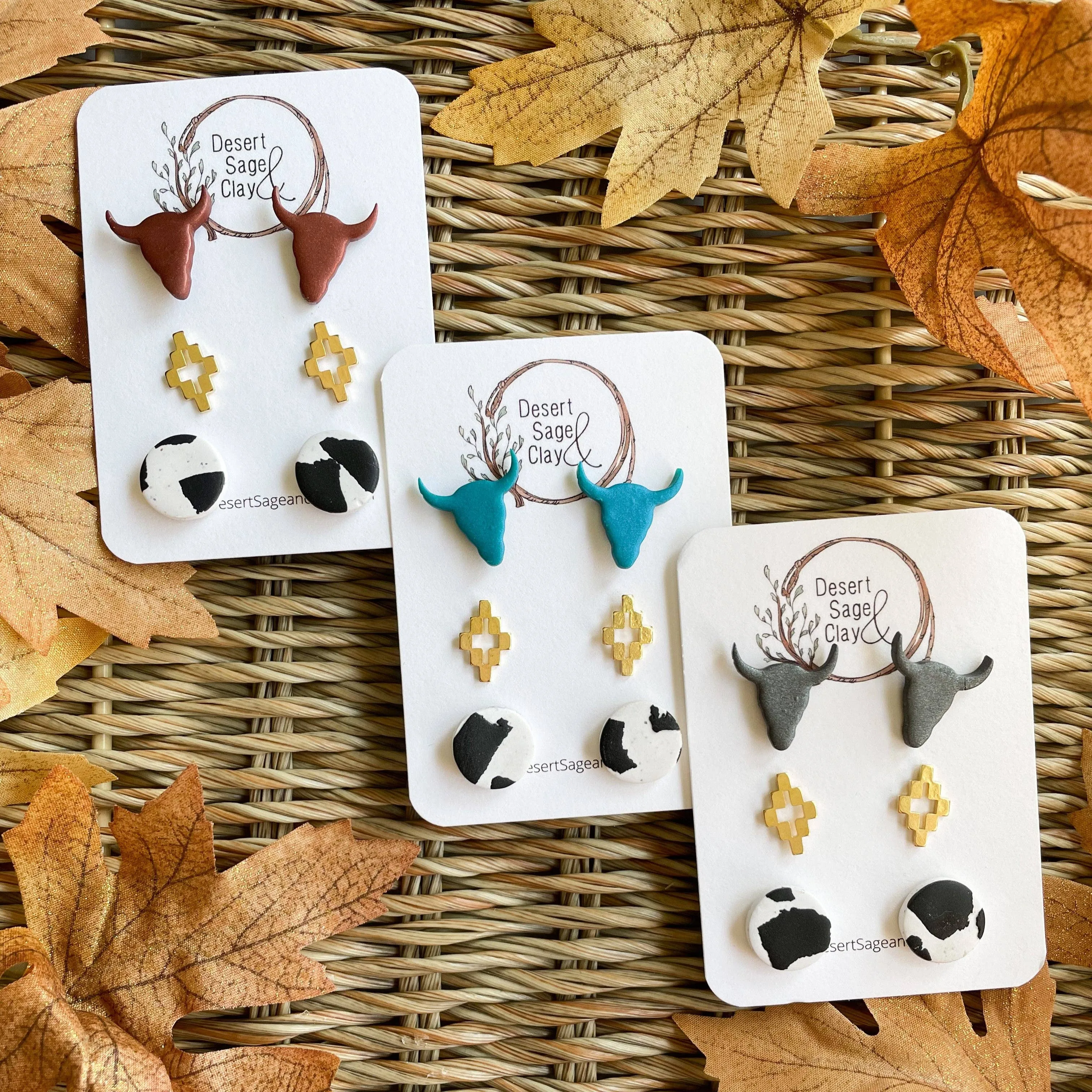 Western Clay Earring Bull Stud Pack (Teal)