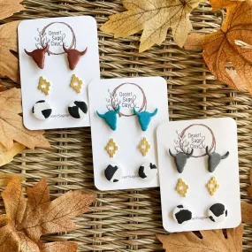 Western Clay Earring Bull Stud Pack (Teal)